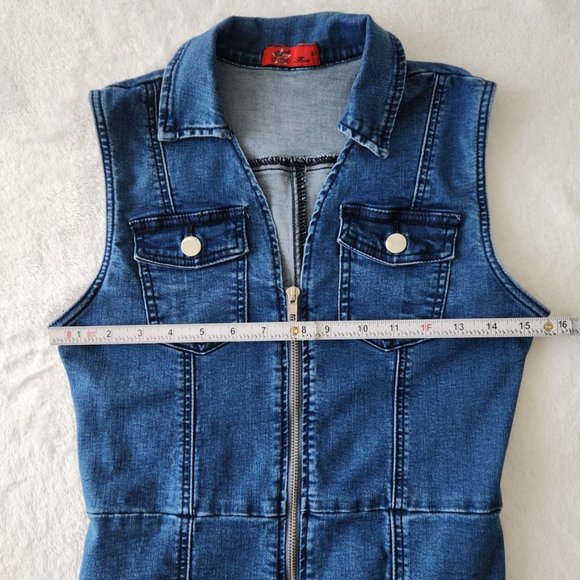 Vintage Y2K Zip Up Denim Dress Medium Blue Sleeveless // Large - Picture 6 of 12